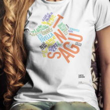 Excited happy brunette girl, looking and pointing down with amused smile